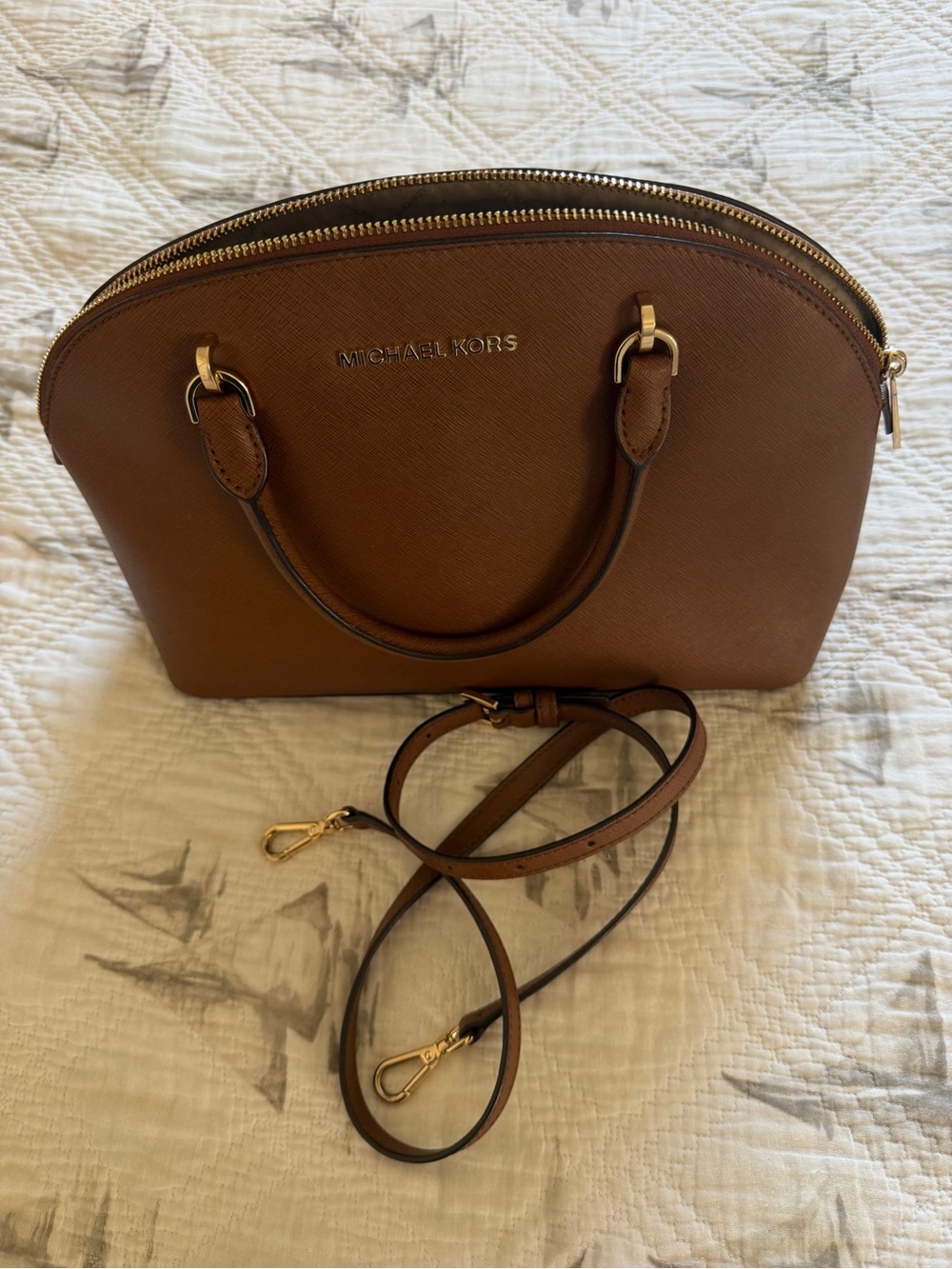 Michael Kors Cognac Saffiano Dome Satchel with Crossbody Strap